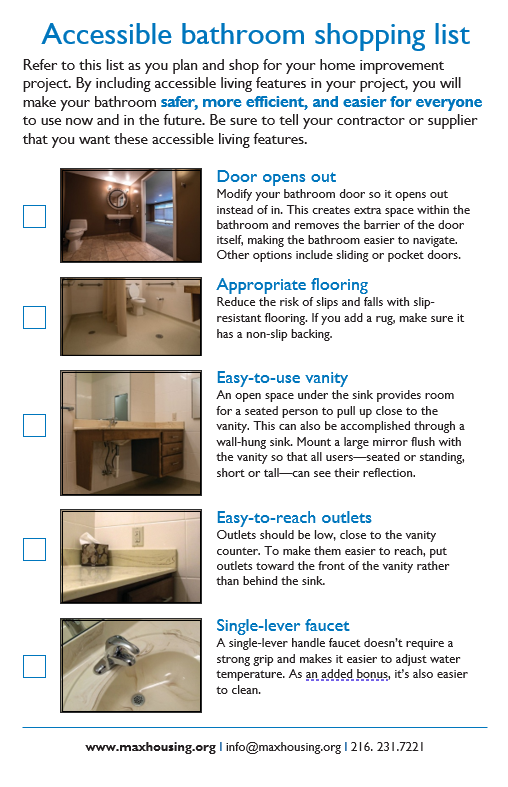 Image of PDF Document. List includes: Door opens out, appropriate flooring, easy-to-use vanity, easy-to-reach outlets, single-lever faucet.