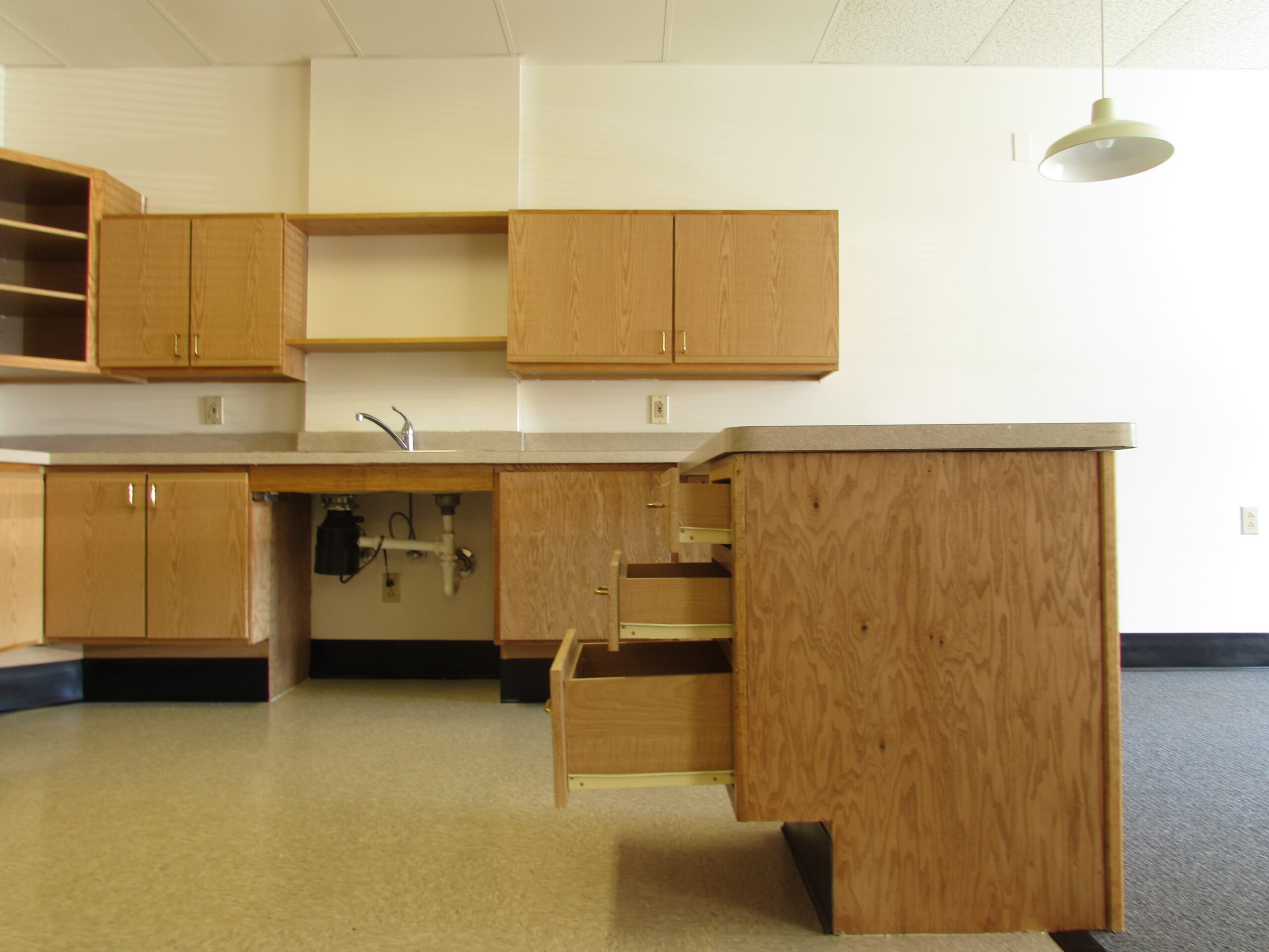 View of kitchen. Lower countertops and cabinets. Open sink underneath. Pull out shelving.