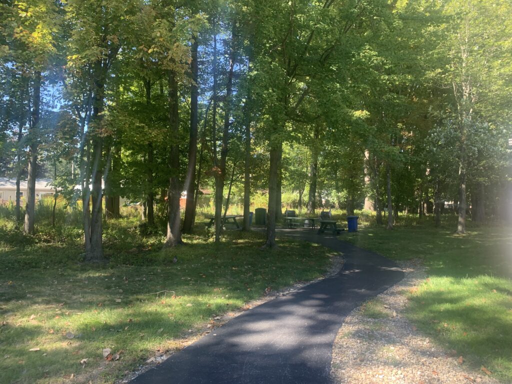 [Image] Picture of paved path leading up to outdoor picnic area, surrounded by trees.