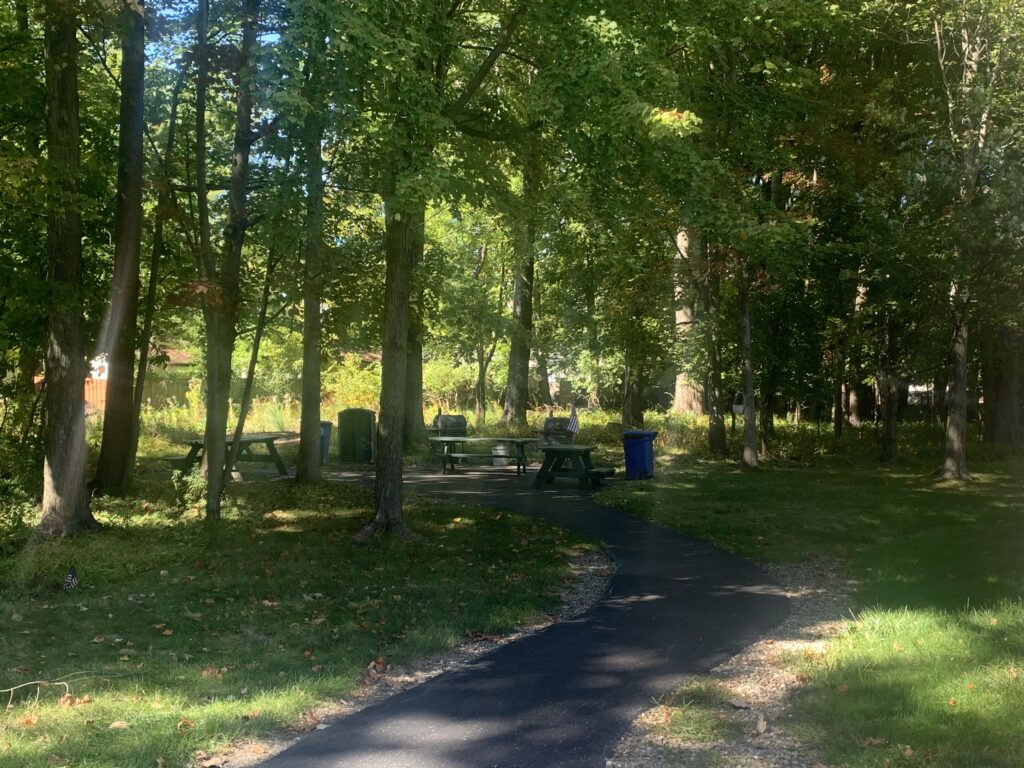 [Image] Picture of paved path leading up to outdoor picnic area, surrounded by trees. Tables in the background.