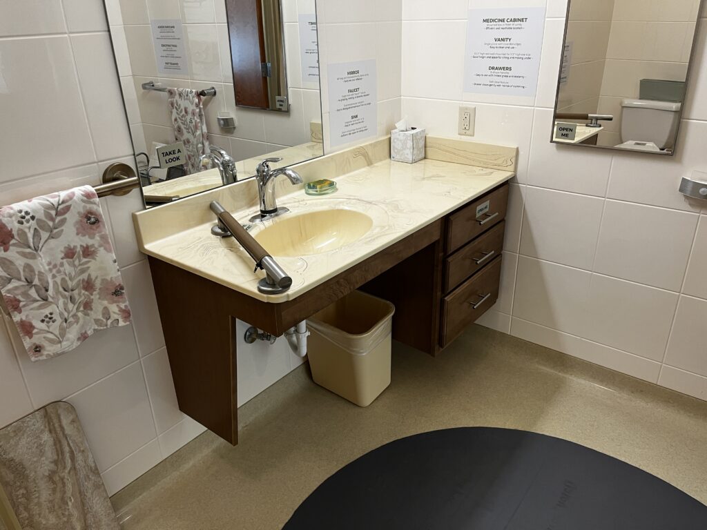 Picture of bathroom vanity. Lowed counter and mirror. Lever sink handle, open underneath vanity.