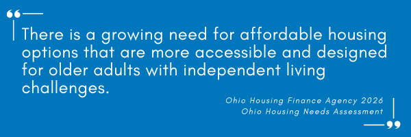 "There is a growing need for affordable housing options that are more accessible and designed for older adults with independent living challenges." Ohio Housing Finance Agency 2026, Ohio Housing Needs Assessment