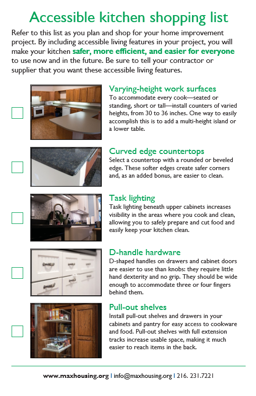 Image of PDF Document. List includes: varying-height work surfaces, curved edge countertops, task lighting, d-handle hardware, pull-out shelves.
