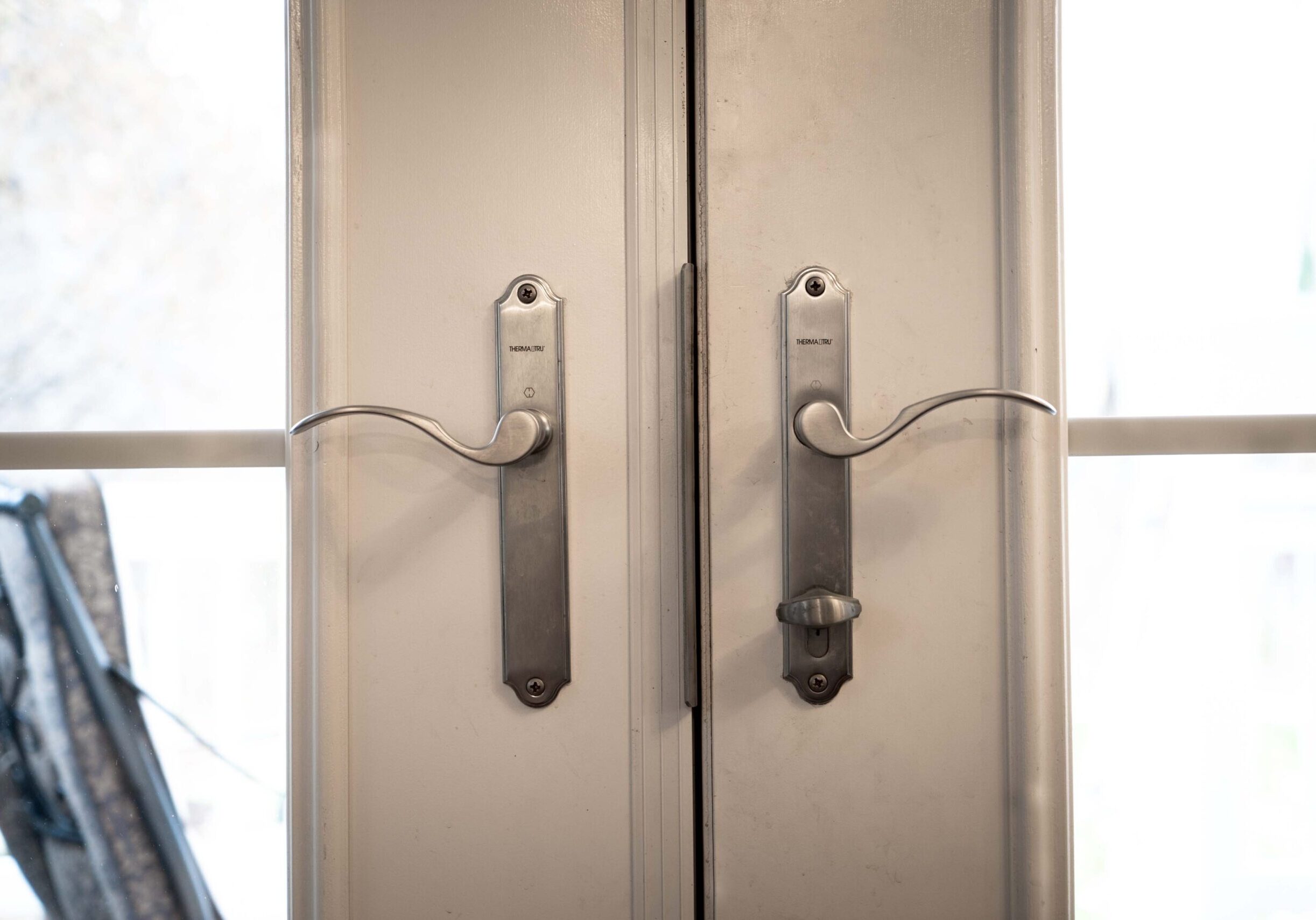 Close up of lever handles on French Doors.