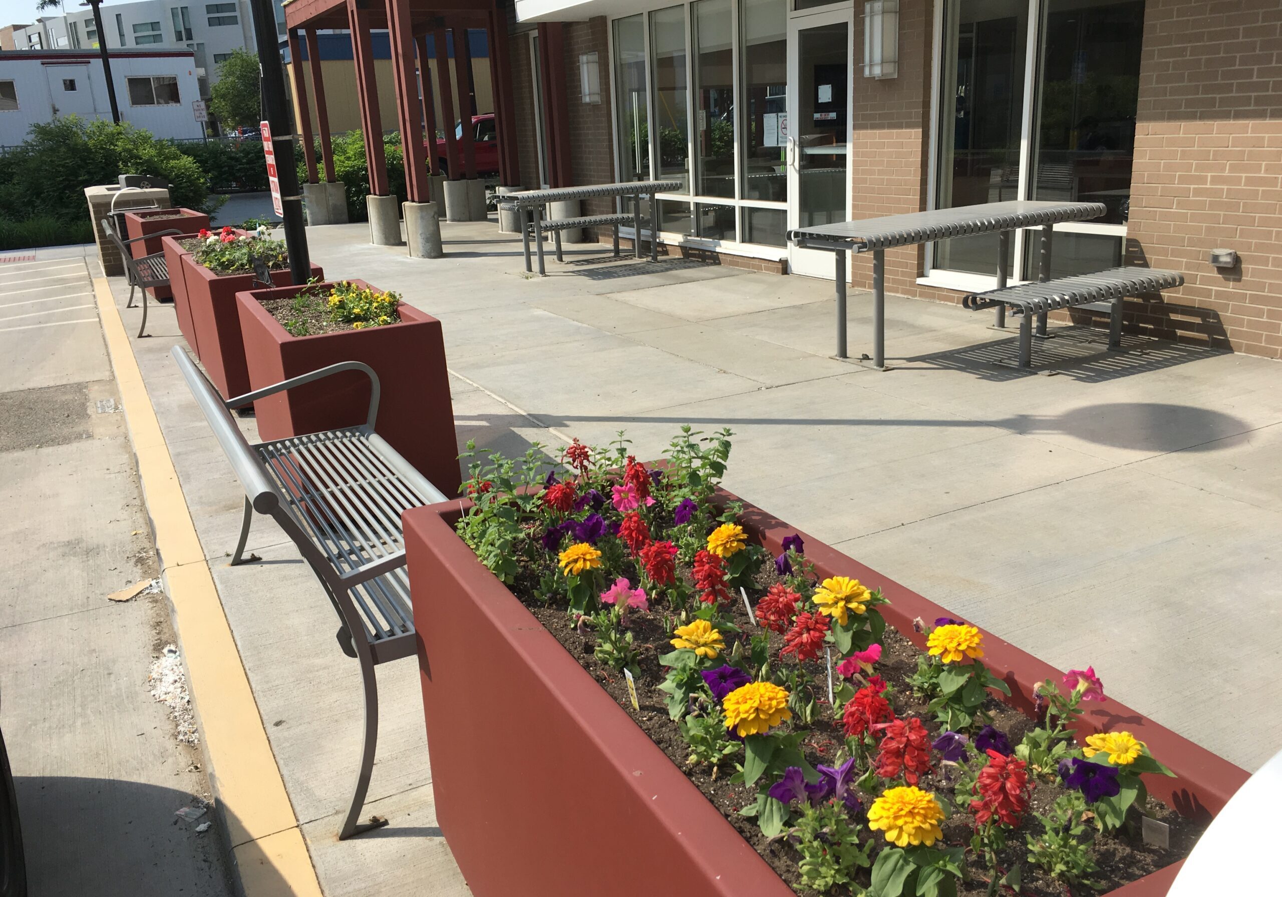 Outdoor patio with dark orange planters with flowers planted. Open picnic tables on opposite side with wide path in between.